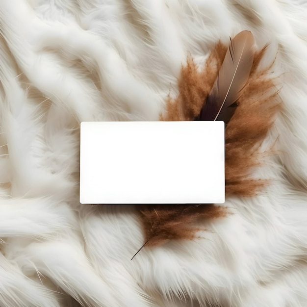 White empty business card on white fluff and brown feathers