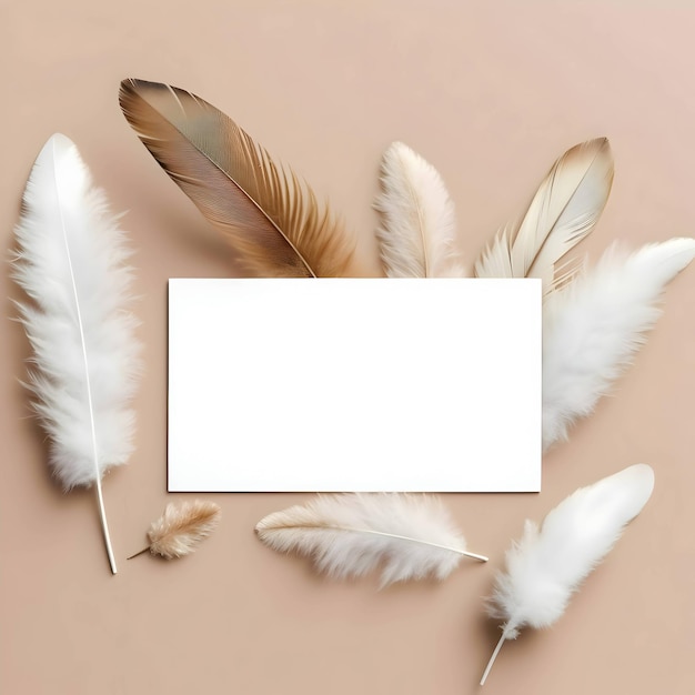 White empty card against a background of scattered bird feathers