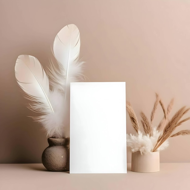 White empty card against a background of scattered bird feathers