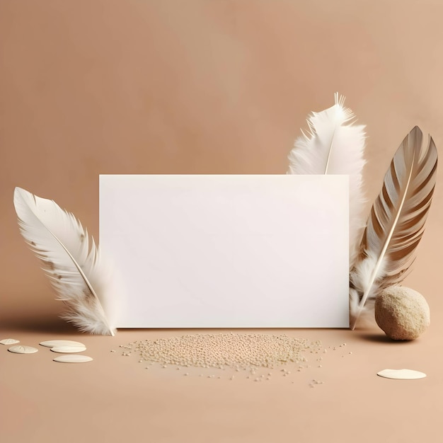 White empty card against a background of scattered bird feathers