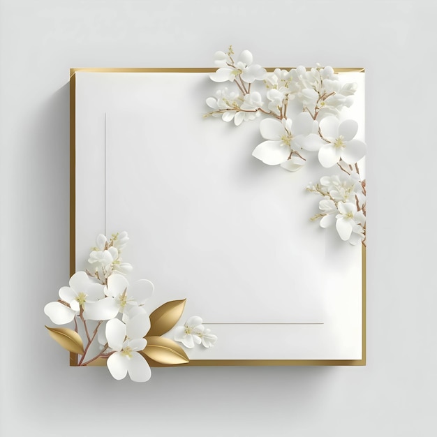 White empty card with golden borders and white flowers on sides