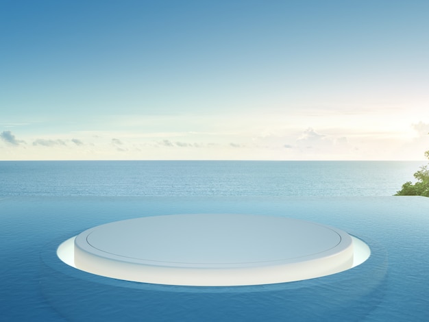 White empty floor for product display with luxury sea view swimming pool