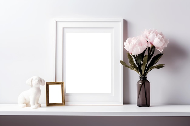 White empty frame mockup on white wall background Minimalistic design white vase and figurine