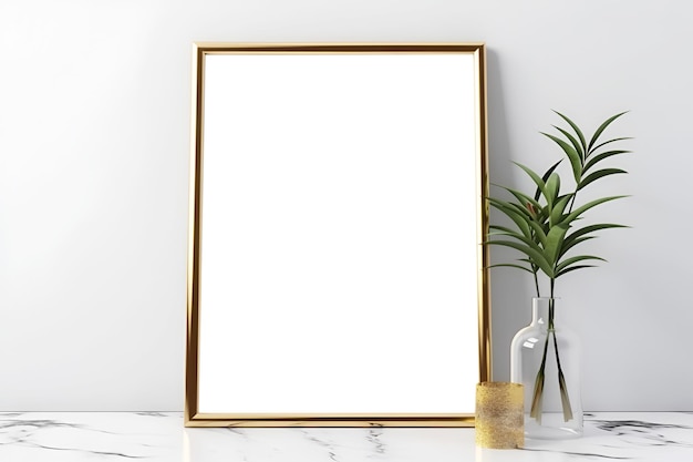 White empty frame mockup on white wall background Minimalistic design white vase and figurine