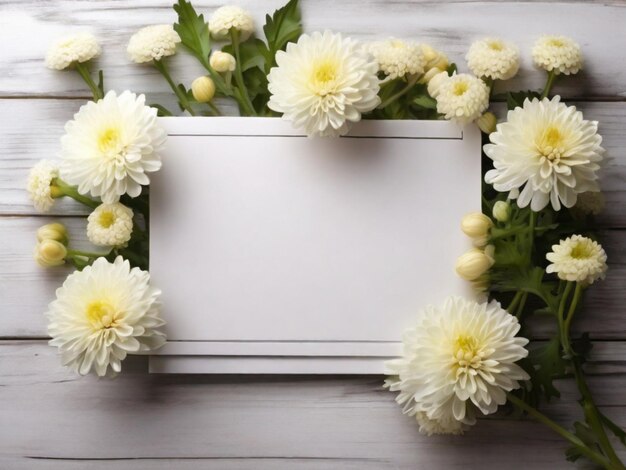 White Empty Frame Surrounded by Blooming Flowers on a Wooden Table