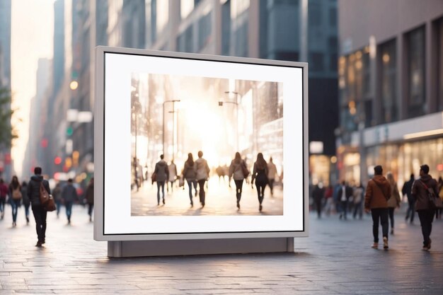 white empty LED billboard mockup in in the street with crowd of people walking ai generative