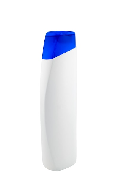 white empty plastic bottle with blue cap on isolated background