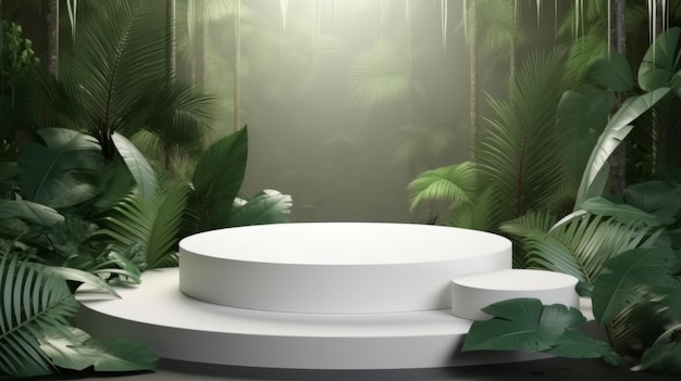 White empty podium in jungle forest Illustration AI GenerativexA