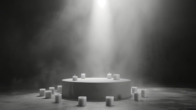 White empty podium with scattered candles around