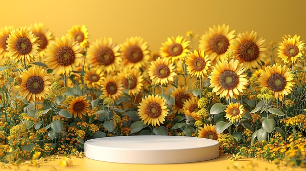 Photo white empty podium on yellow sunflowers background for presentation of goods