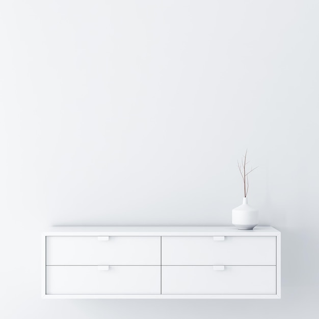 콘솔 및 꽃병 장식 3d 렌더링이 있는 흰색 빈 방 벽 모형