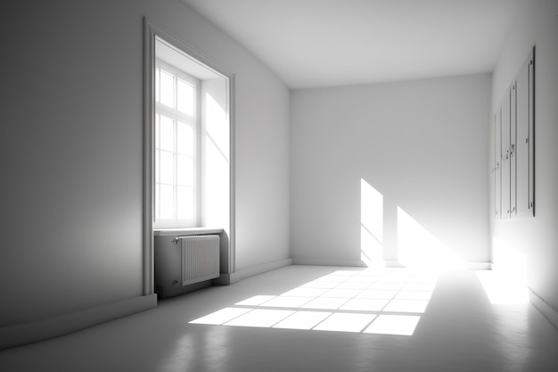 하나의 창이 햇빛을 비추는 흰색 빈 방, 3D 렌더링