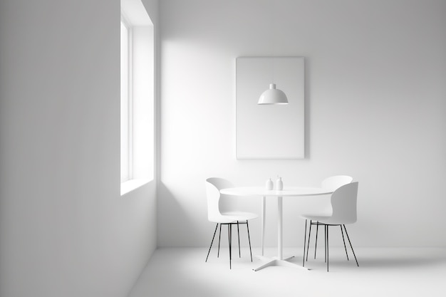 White Empty room with one window casting sunlight and white minimalist furniture, 3D render