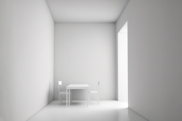 White Empty room with one window casting sunlight and white minimalist furniture, 3D render