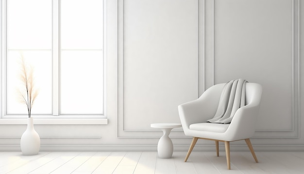 하나의 현대적인 의자가 있는 흰색 빈 방