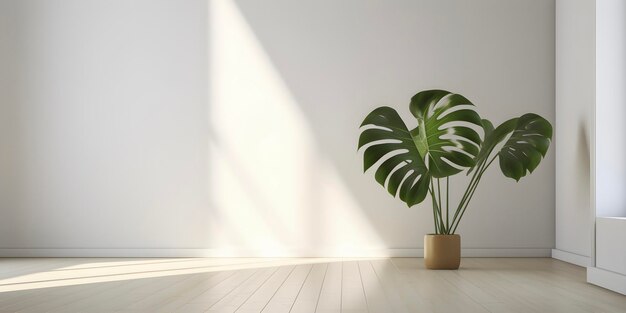 Белая пустая комната с одним растением монстера Скандинавский минималистичный дизайн интерьера с копией пространства солнечного света Создан высокий ключ AI