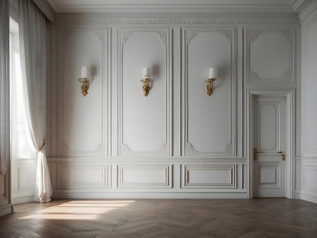 Белая пустая комната с штукатурными облицовками и sconces классический стиль интерьера