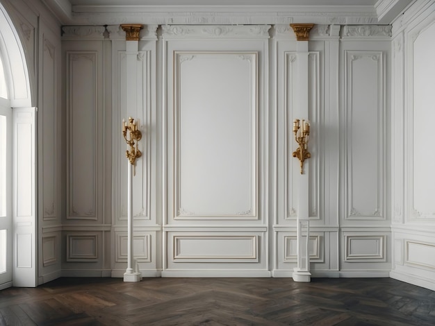 White empty room with stucco moldings and sconces Classic interior style