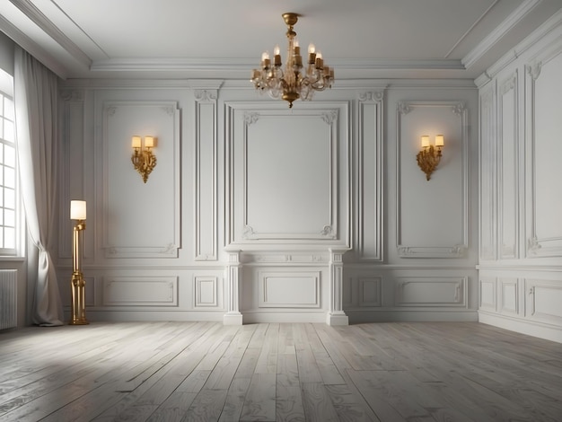 Белая пустая комната с штукатурными облицовками и sconces классический стиль интерьера