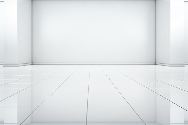 White empty room with white walls white floor and wooden shelves 3d rendering mock up