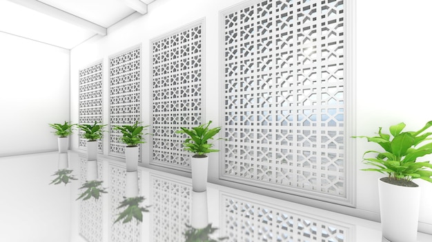 White empty room with window and Plants. 3d renderings