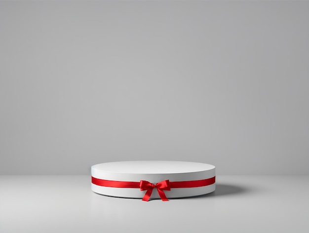 White empty round podium with red bow on gray background