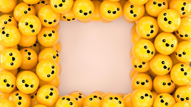 Photo a white empty space among many yellow balls with happy faces 3d rendering background