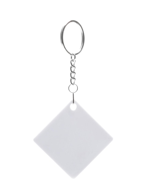 Photo white empty square key holder with metal ring isolated on white background