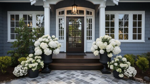 Photo a white entrance door with flower pots and little square ornamental windows