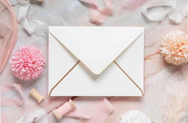 White envelope between pastel flowers silk ribbons and feathers on marble top view