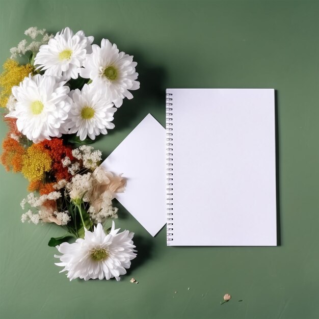 Photo white envelope with flowers and an open notebook