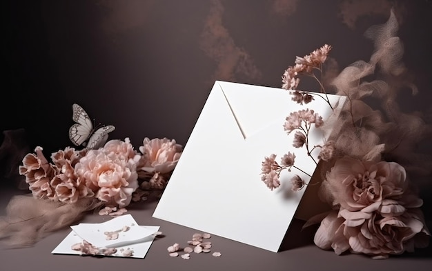 A white envelope with pink flowers and a card with the word love on it.