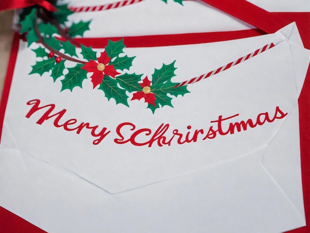 A White Envelope With A Red Ribbon And A Green Holly On It