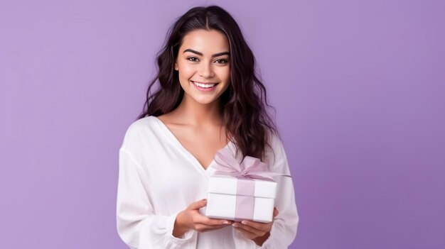 White european girl with gift box in her hands