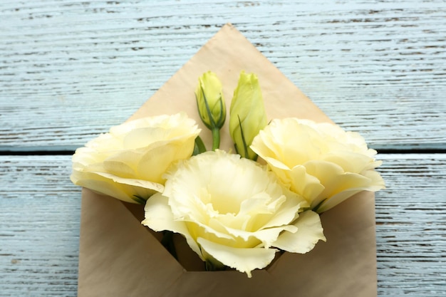 White eustoma in envelope on wooden background