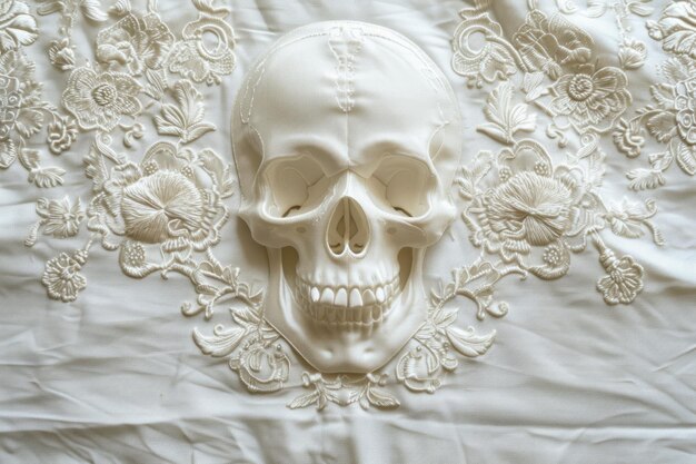 White Fabric Adorned With Intricately Embroidered Skull Design