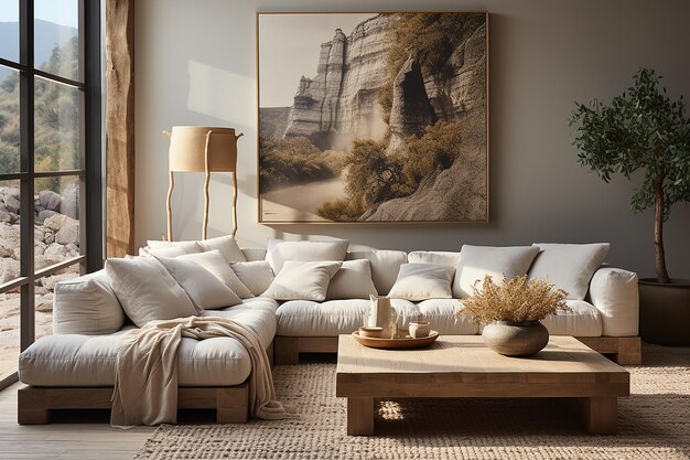 Foto white_fabric_corner_sofa_and_wooden_square_coffee_ta