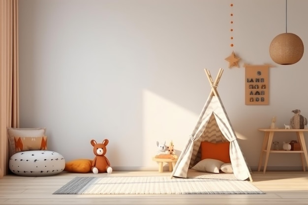 White fabric kids teepee and Native American decor in the interior of the children's room AI generated