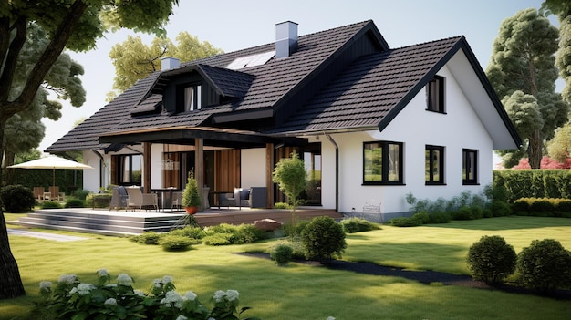Foto casa di famiglia bianca con piastrelle nere sul tetto