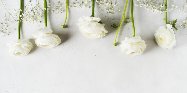 White fashion, flowers flat lay background for mothers day, birthday, easter and wedding