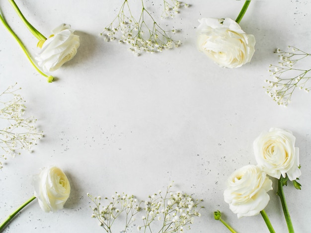 White fashion, flowers flat lay background