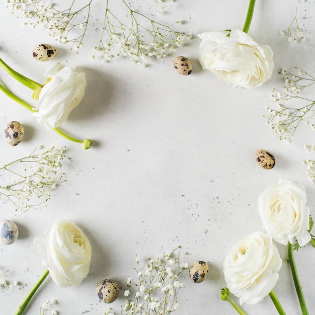 White fashion, flowers flat lay background