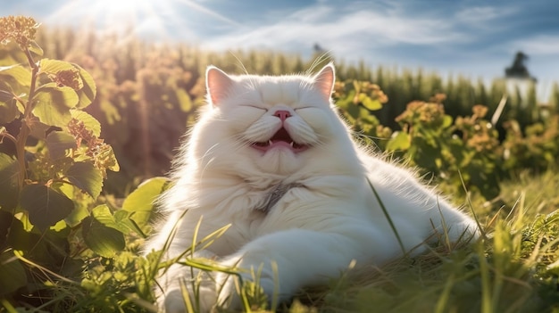 晴れた日を楽しむ白い太った猫 生成 AI