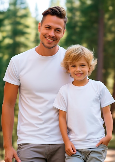 white father and son wearing matching white tshirts