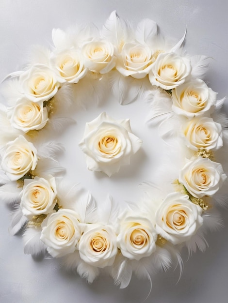 白いバラの円形の配置の真ん中に優しく置かれた白い羽根