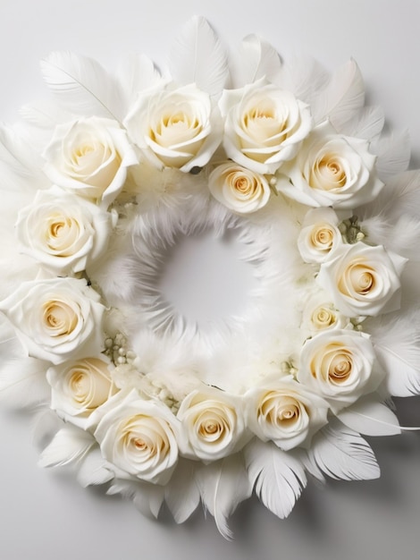 A white feather delicately placed in the center of a circular arrangement of white roses