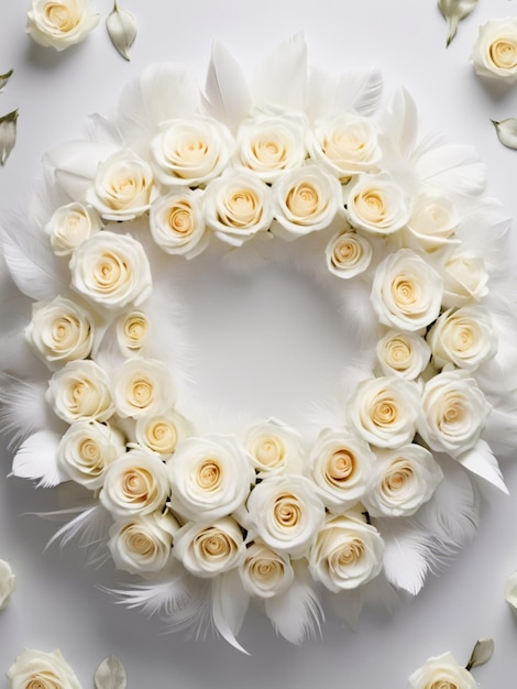 A white feather delicately placed in the center of a circular arrangement of white roses