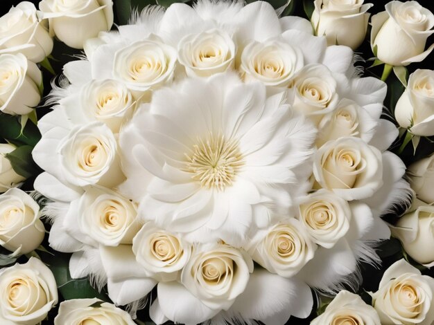 A white feather delicately placed in the center of a circular arrangement of white roses