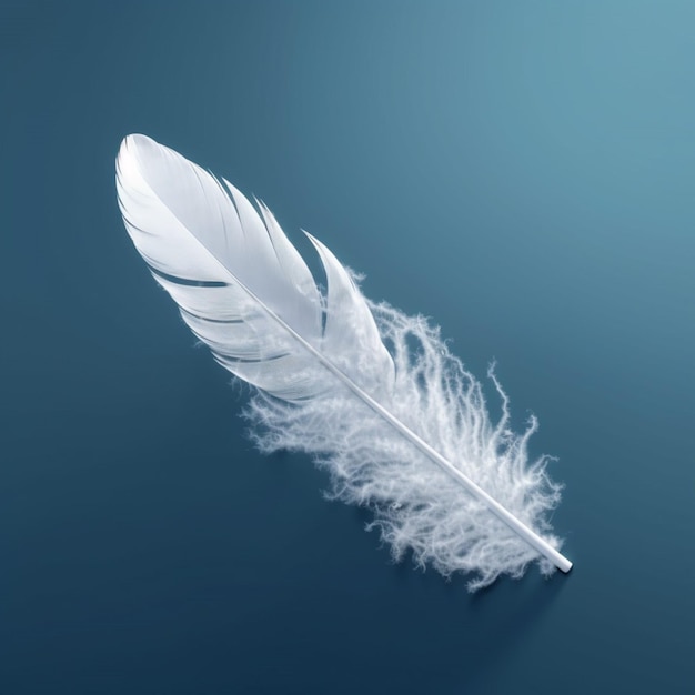 A white feather is floating on a blue background with the word " on it ".