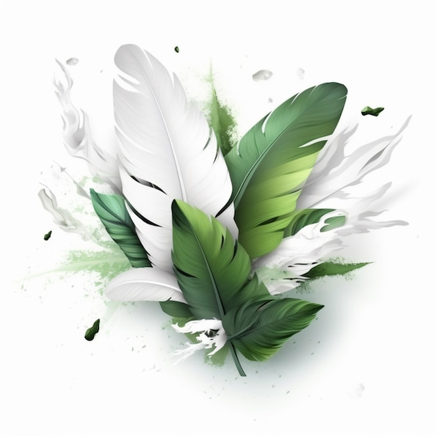 A white feather with green leaves and the word white on it